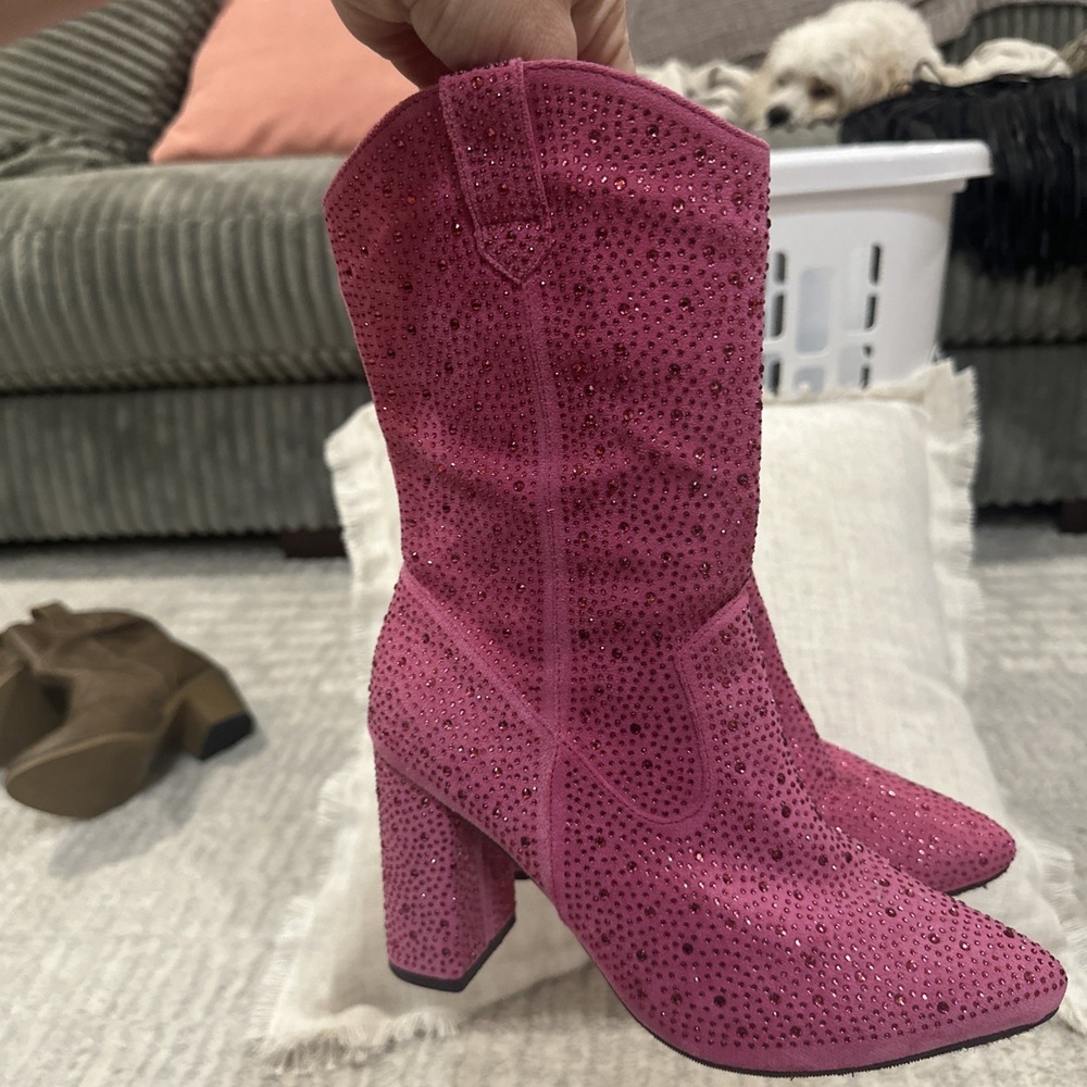 Pink Rhinestone Covered Boots High Heel Block Cowgirl Rodeo Western Women's 7 - Picture 8 of 16